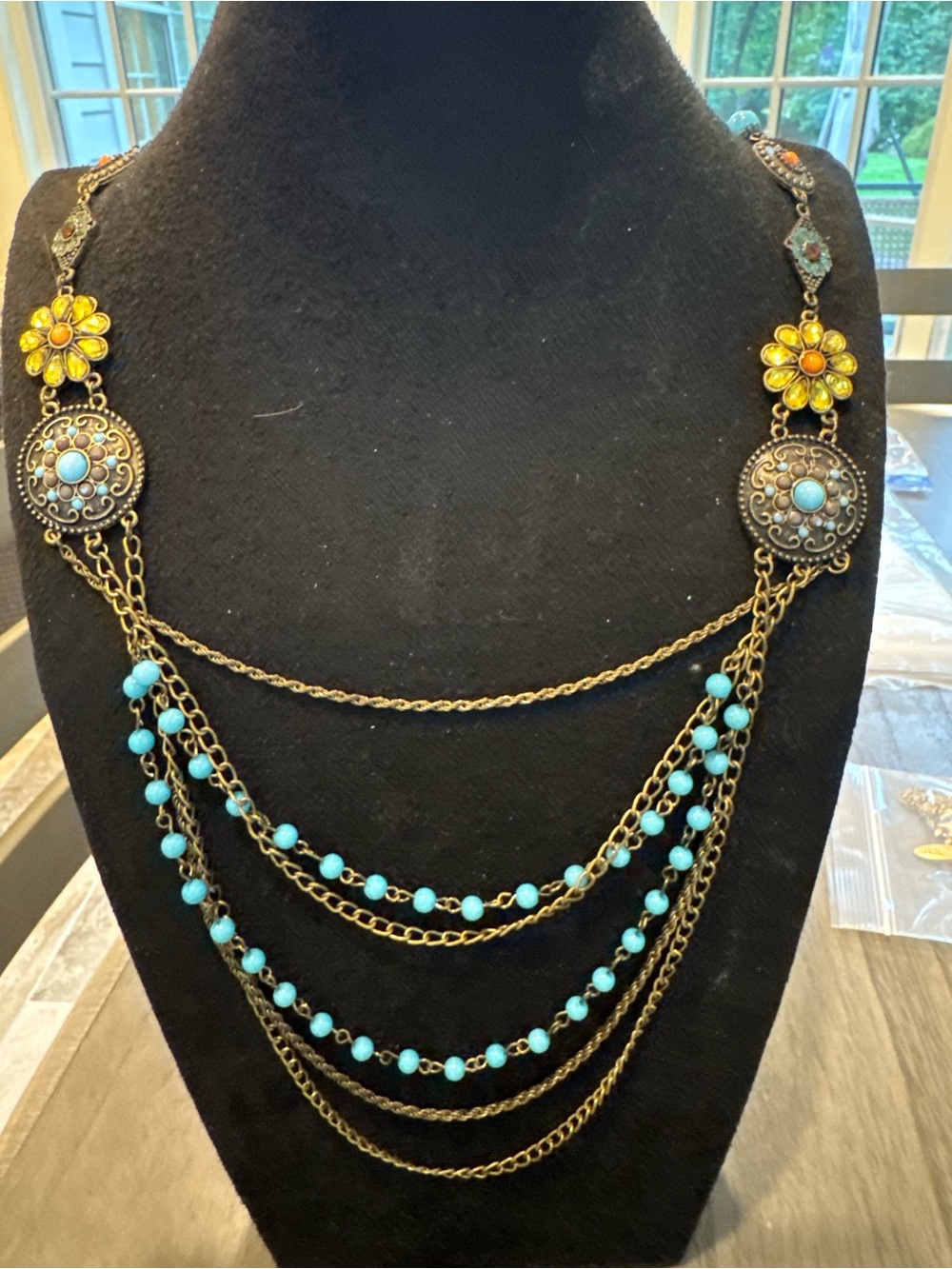 Vintage Style Multistrand Necklace Turquoise Blue Beads Yellow Flower Boho